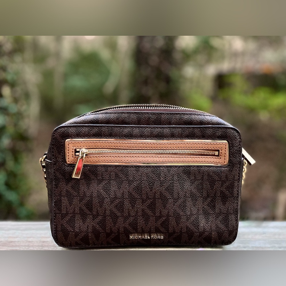 Authentic Michael Kors Frame Out Large Crossbody Bag, Purse - Brown, Gold